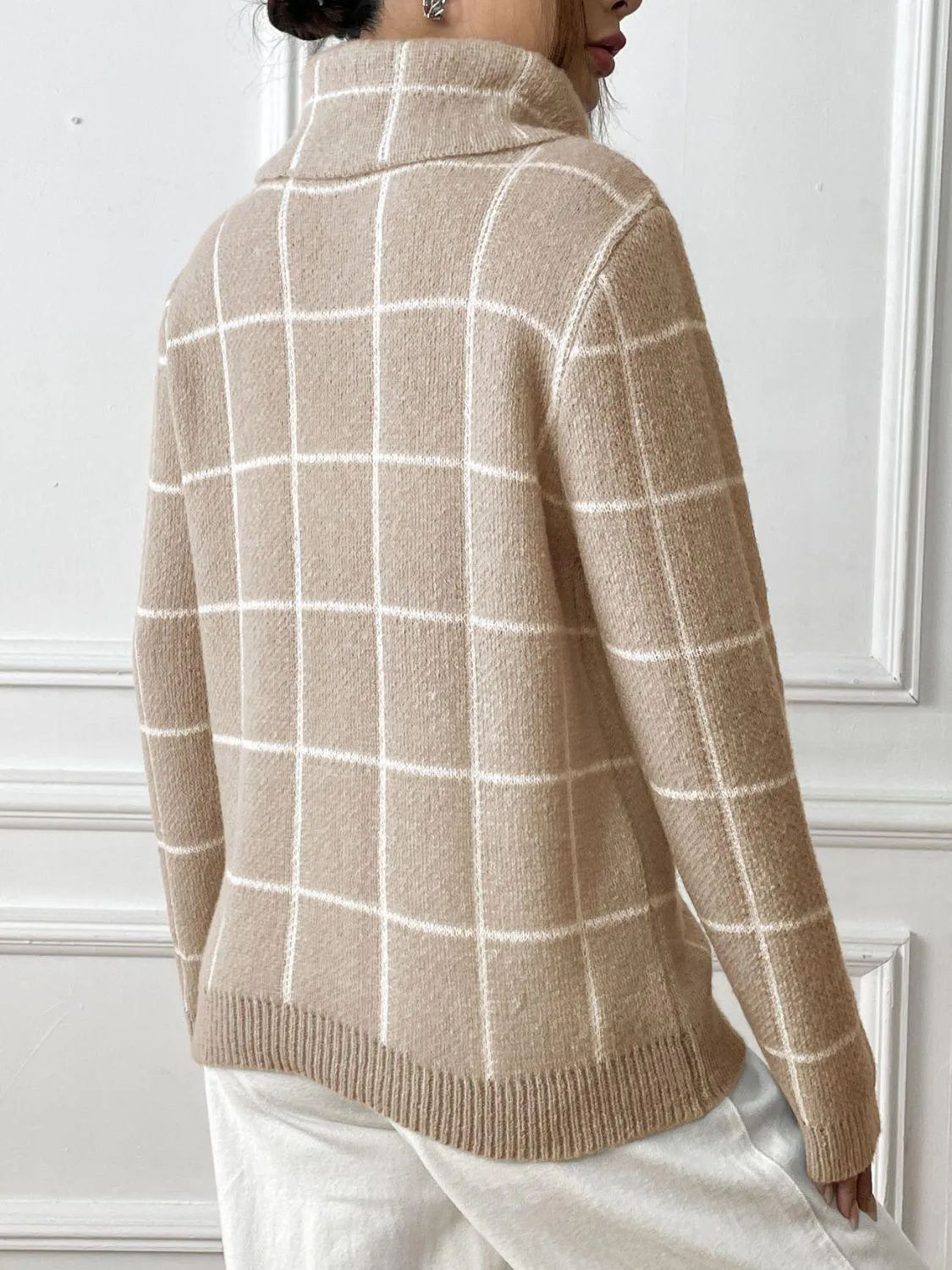 Heart Plaid Sweater Turtleneck Long Sleeve Casual Knitwear