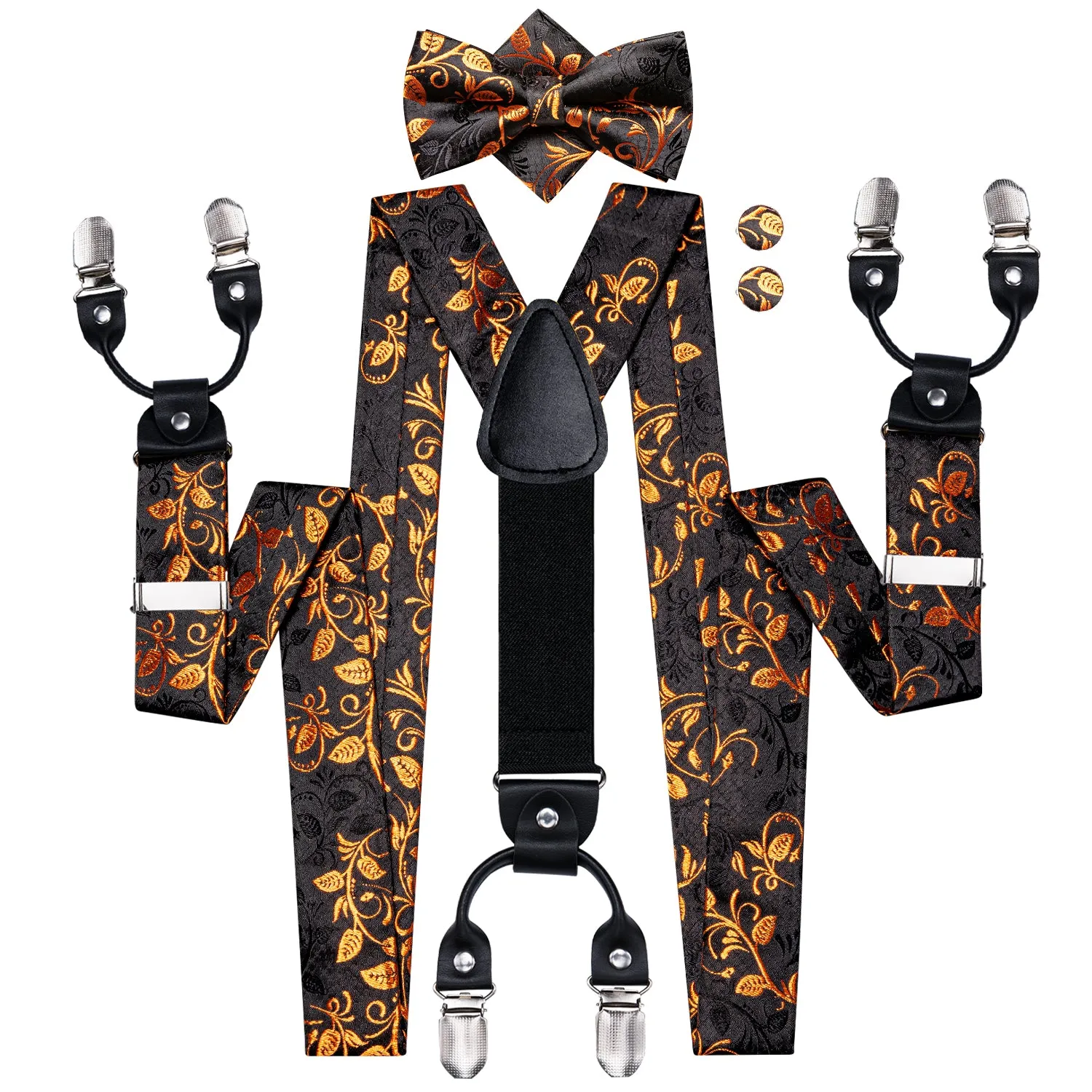 Hi-Tie Black Gold Floral Suspender Bowtie Pocket Square Cufflinks Set