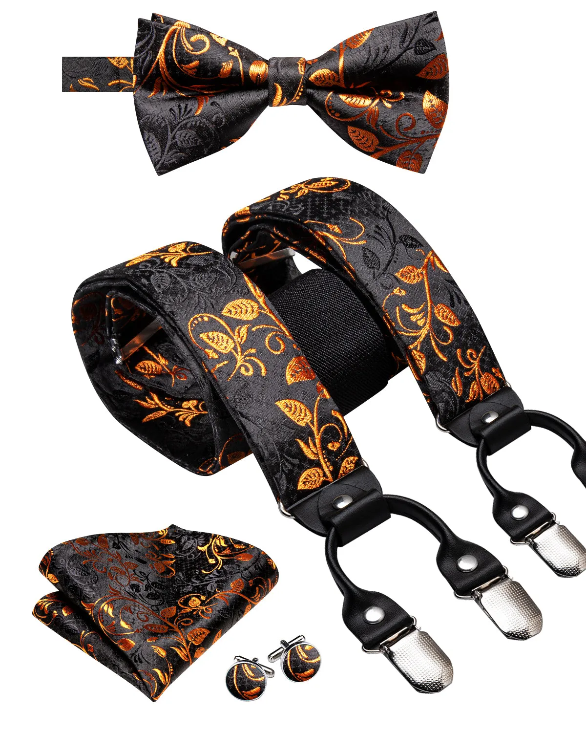 Hi-Tie Black Gold Floral Suspender Bowtie Pocket Square Cufflinks Set