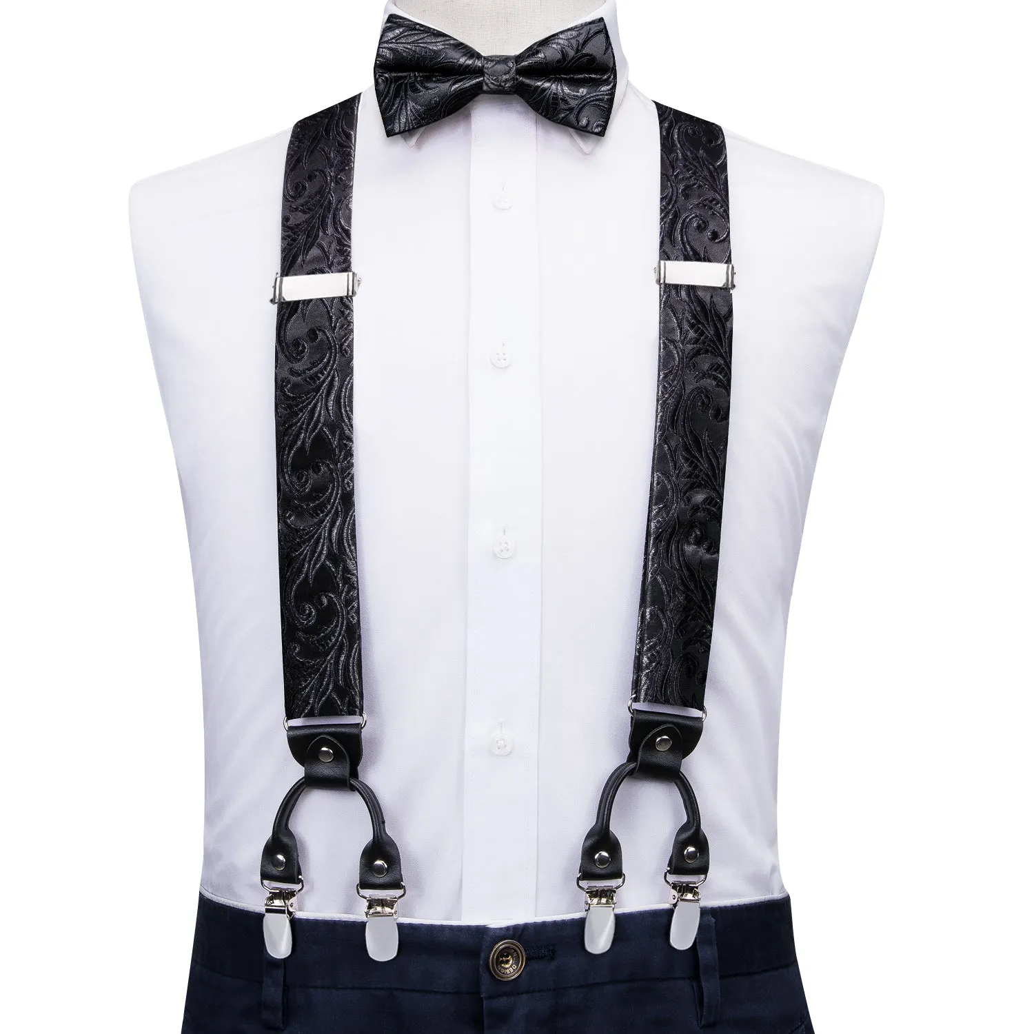 Hi-Tie Black Paisley Suspender Men Bow Tie Pocket Square Cufflinks Set