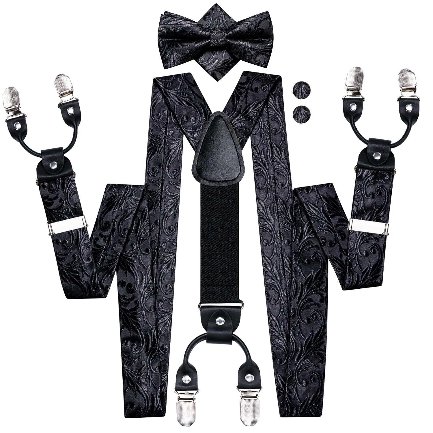 Hi-Tie Black Paisley Suspender Men Bow Tie Pocket Square Cufflinks Set