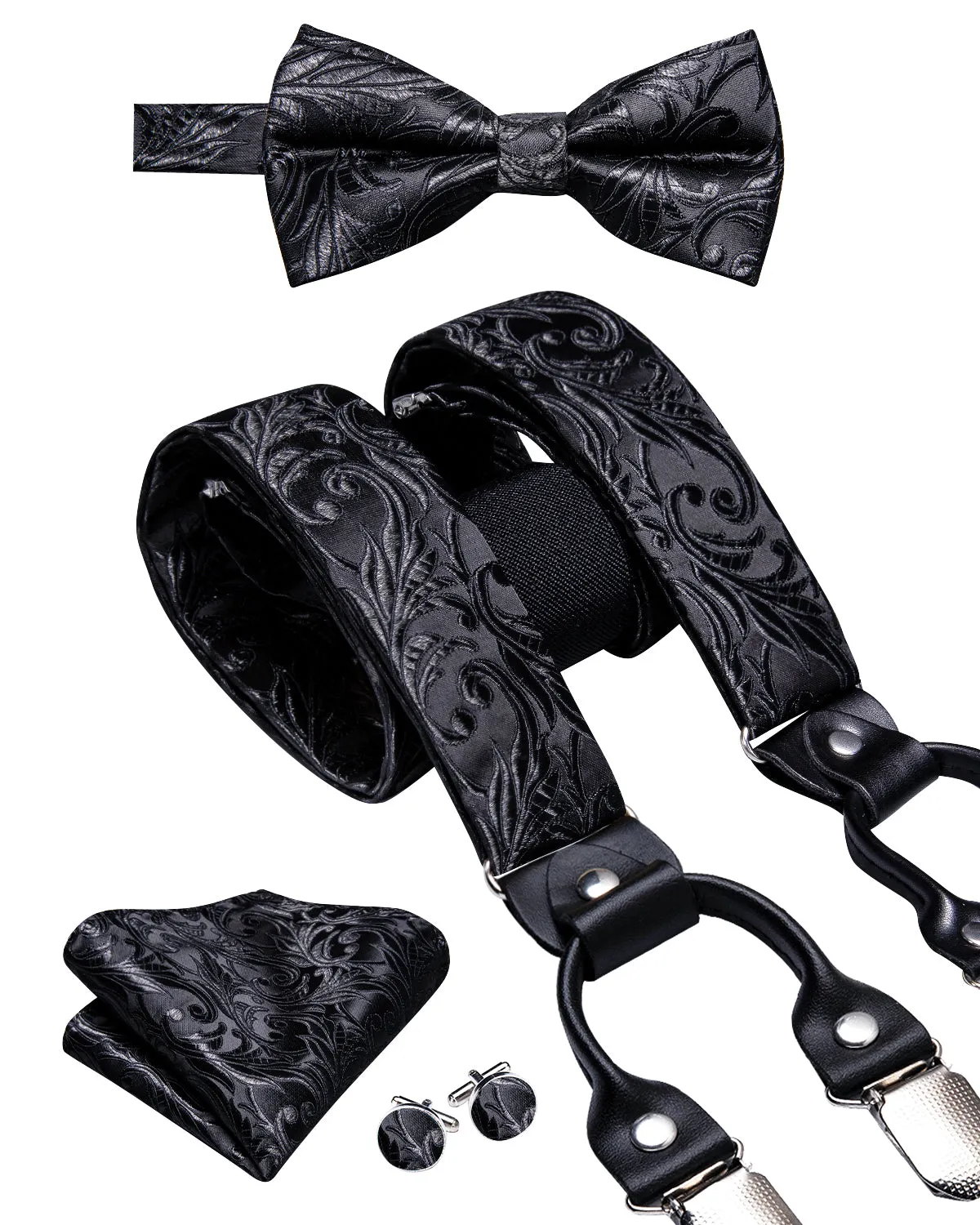 Hi-Tie Black Paisley Suspender Men Bow Tie Pocket Square Cufflinks Set