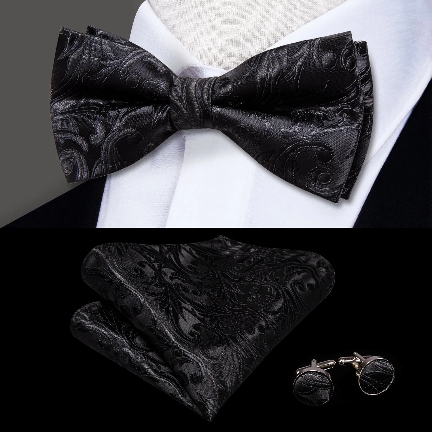 Hi-Tie Black Paisley Suspender Men Bow Tie Pocket Square Cufflinks Set