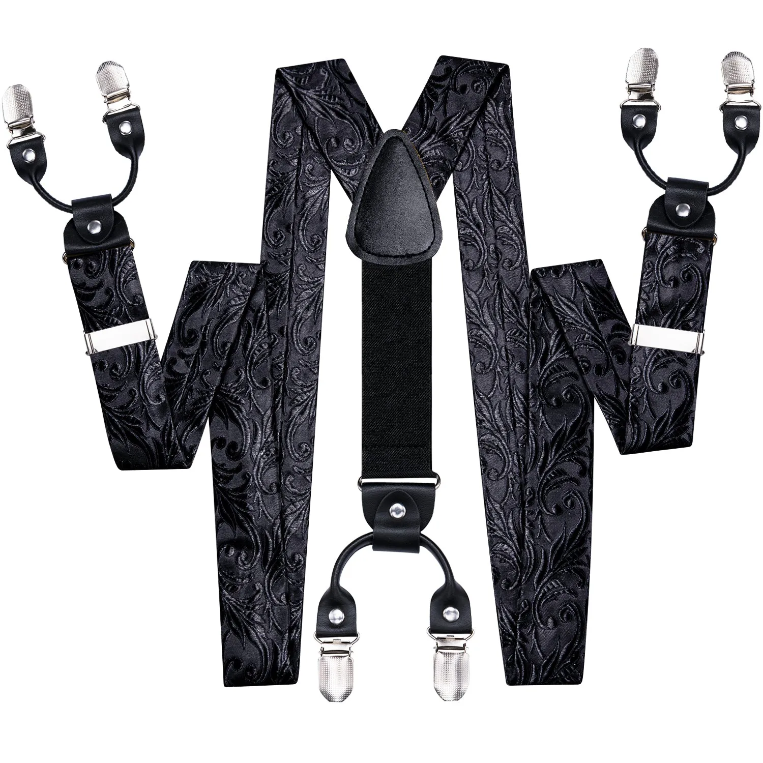 Hi-Tie Black Paisley Suspender Men Bow Tie Pocket Square Cufflinks Set