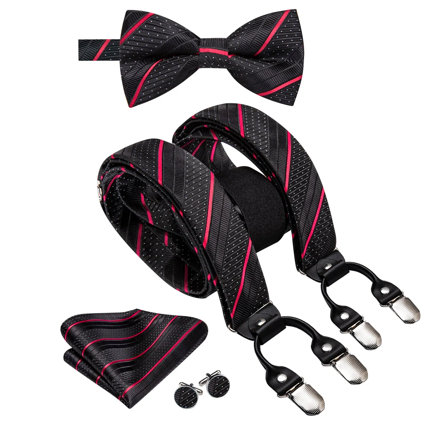 Hi-Tie Black Red Striped Suspender Mens Bowtie Hanky Cufflinks Set