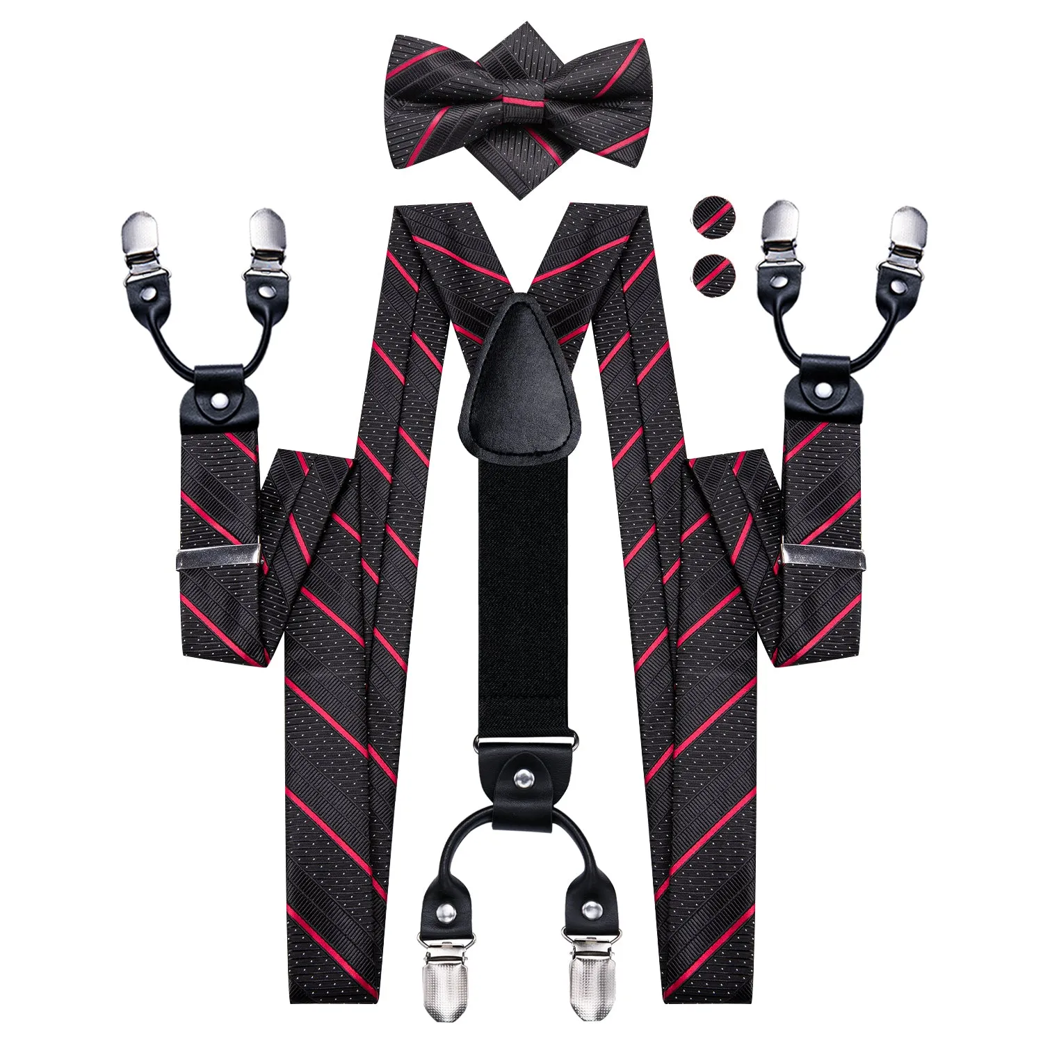 Hi-Tie Black Red Striped Suspender Mens Bowtie Hanky Cufflinks Set