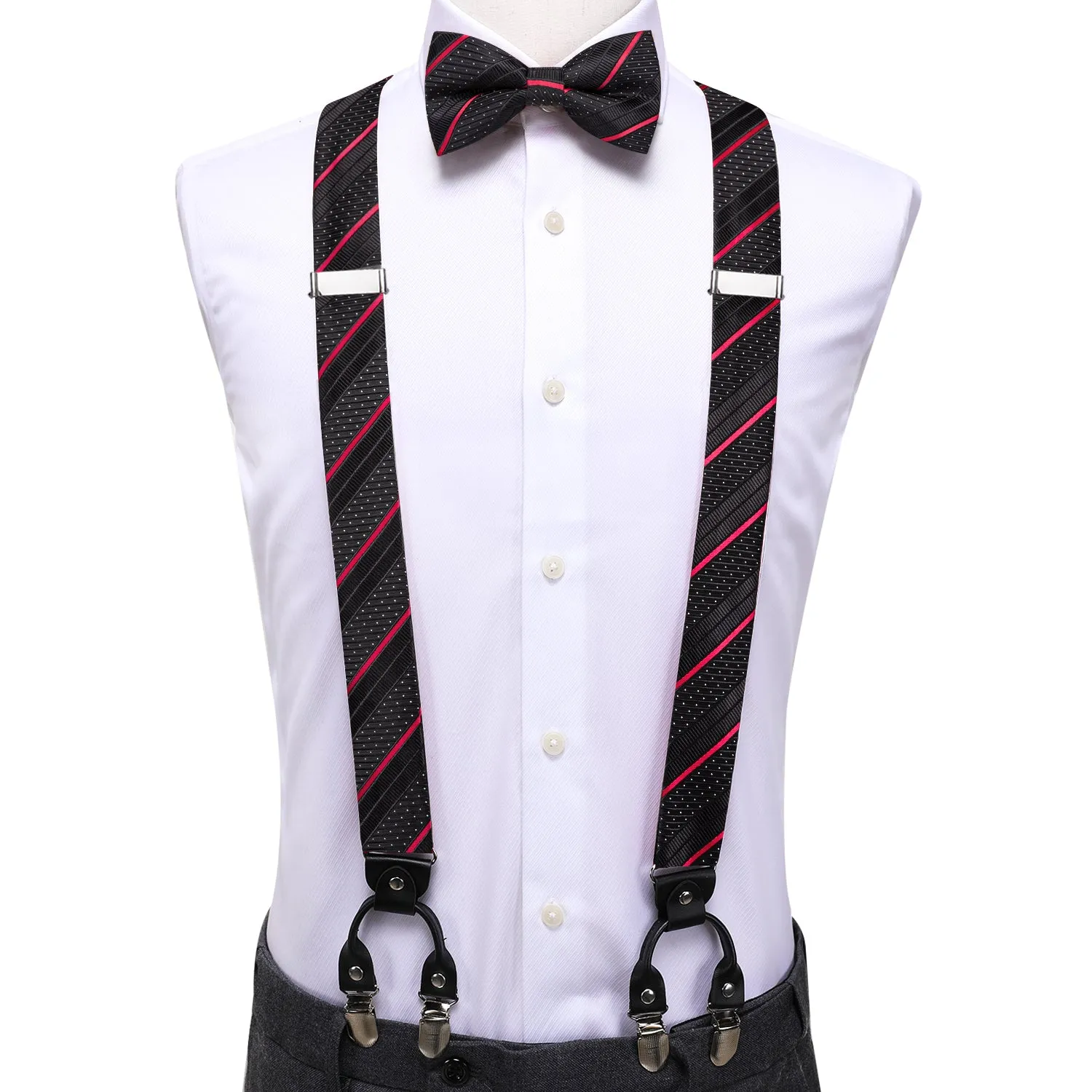 Hi-Tie Black Red Striped Suspender Mens Bowtie Hanky Cufflinks Set