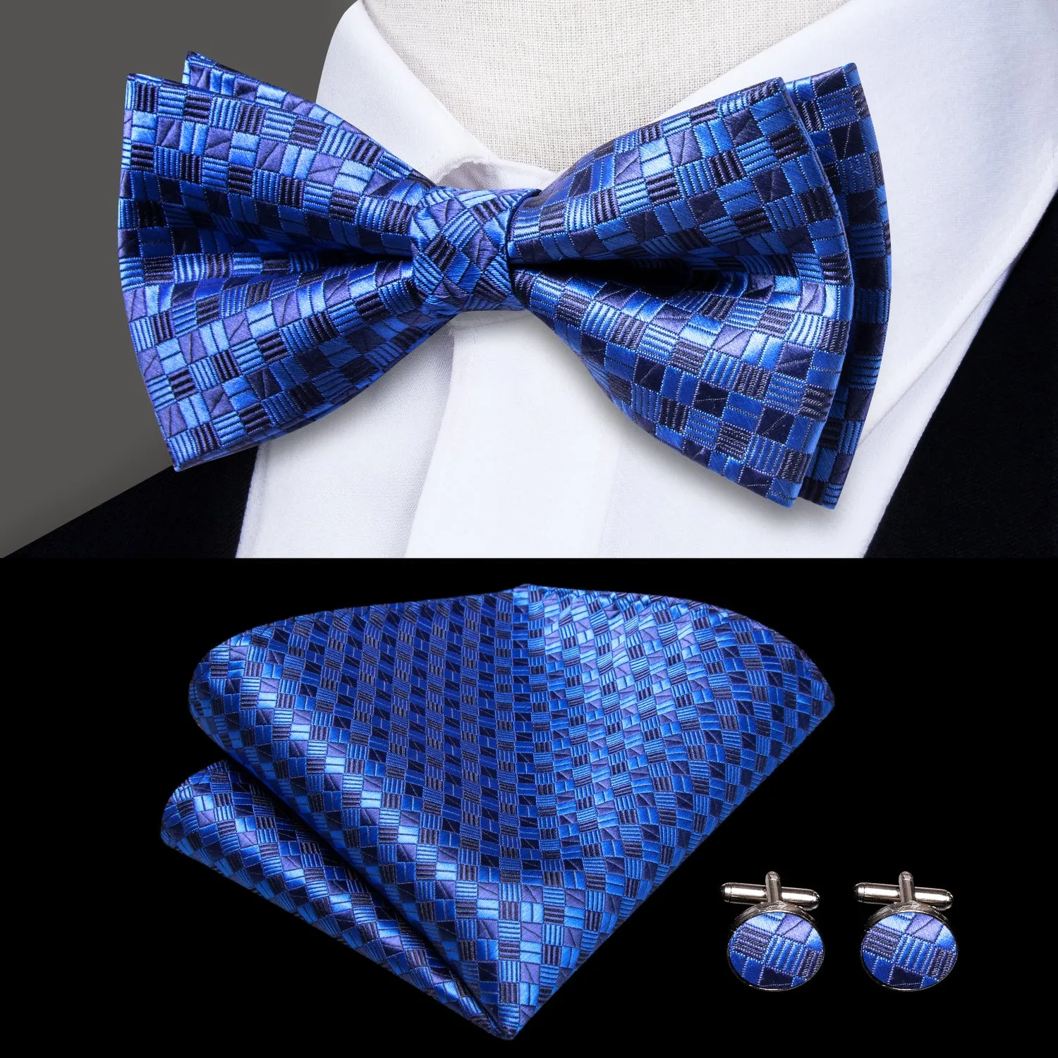 Hi-Tie Blue Plaid Men's Suspender Bowtie Pocket Square Cufflinks Set