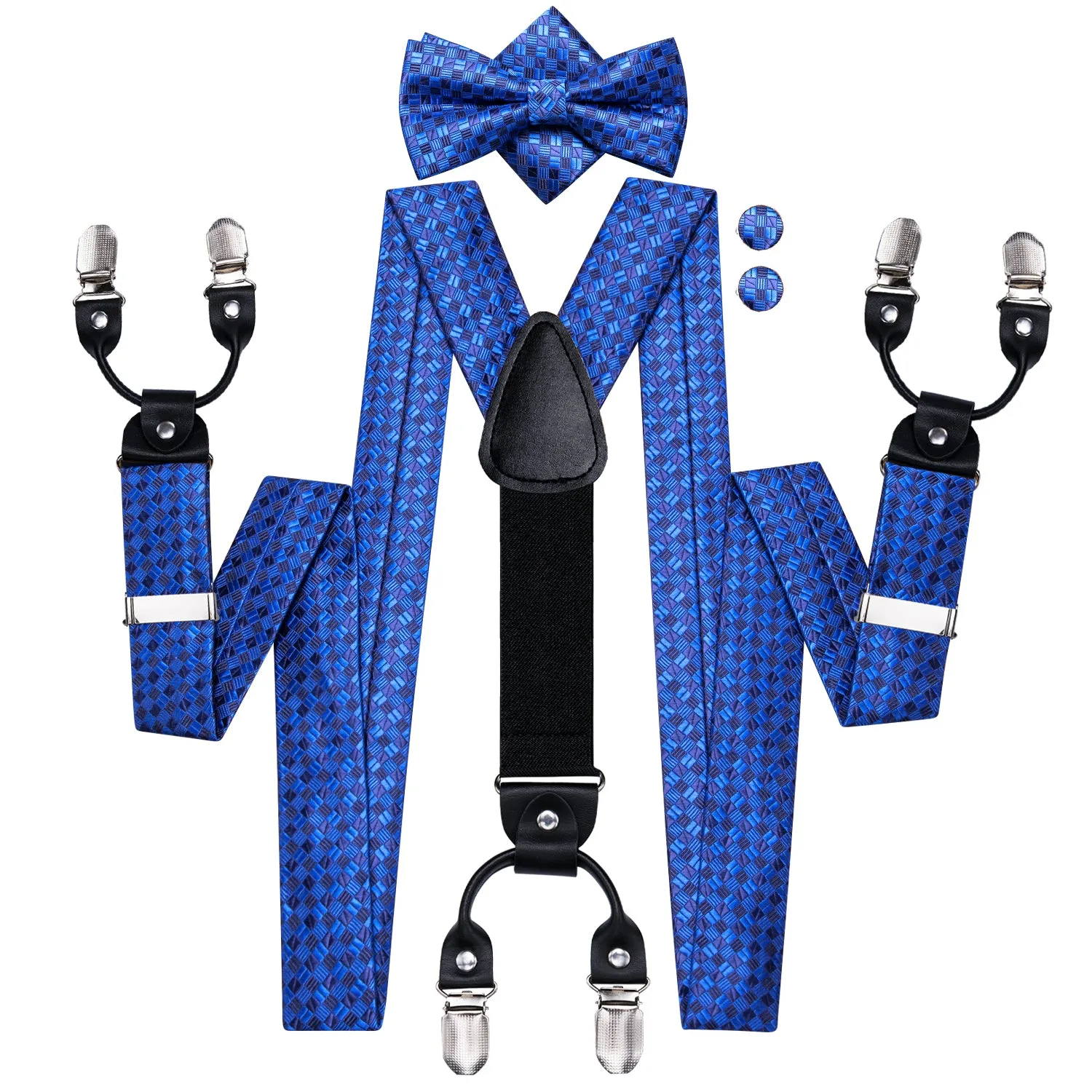 Hi-Tie Blue Plaid Men's Suspender Bowtie Pocket Square Cufflinks Set