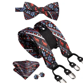 Hi-Tie Christmas Black Red Novelty Suspender Bowtie Hanky Cufflinks Set