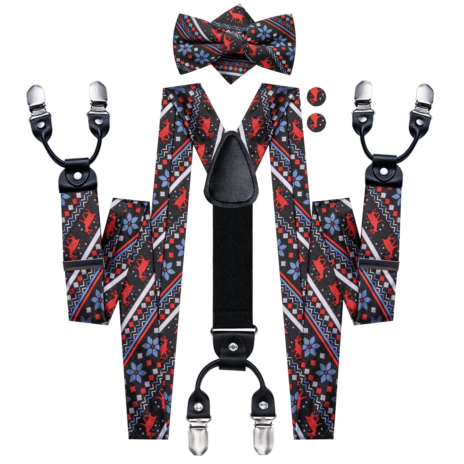 Hi-Tie Christmas Black Red Novelty Suspender Bowtie Hanky Cufflinks Set