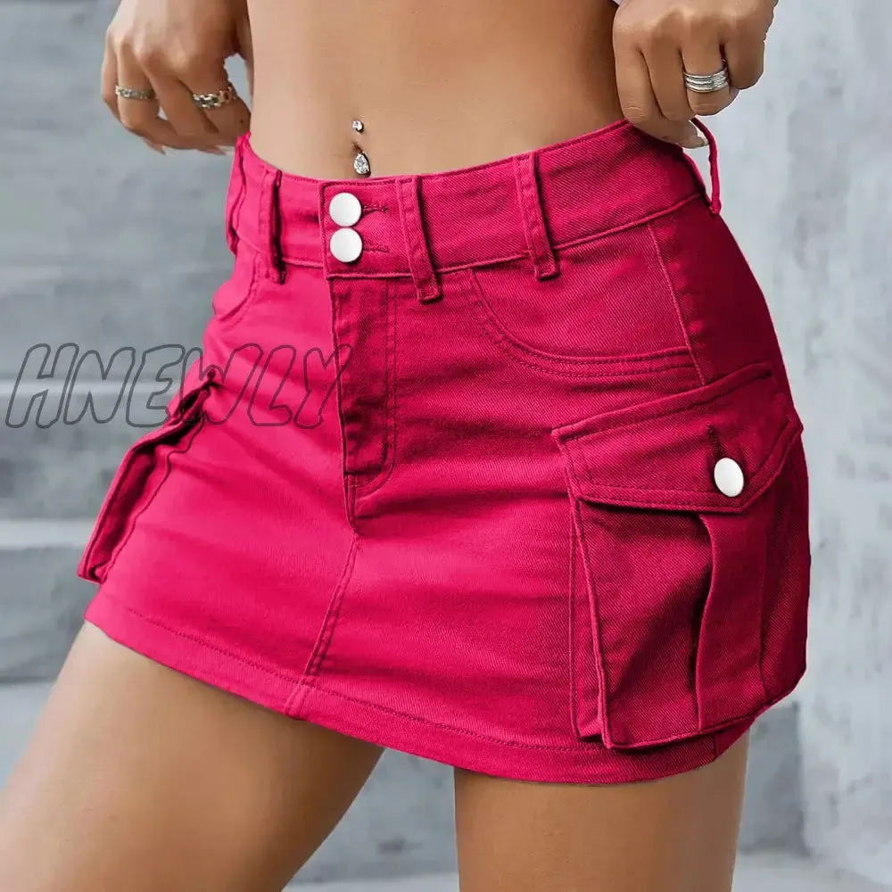 Hnewly Women'S Short Skirts Solid Color Workwear Mini Skirts Button Slim Fit Denim Skirts With Pockets Fashion Causal Streetwear