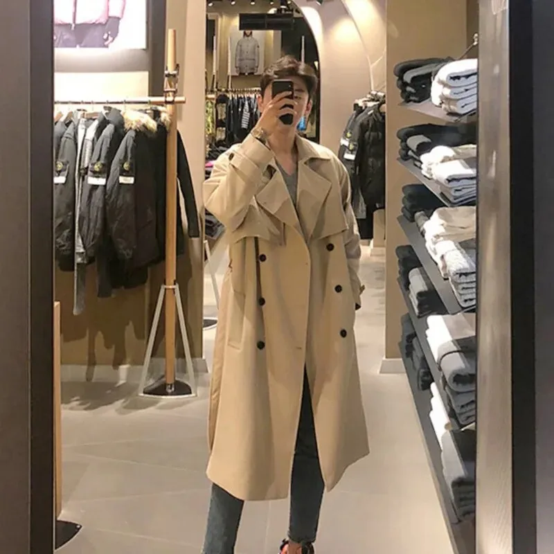 Ilooove - Men's Oversize Trench Coat, Autumn and Winter Double-Breasted British Style Long Jacket, Korean Loose Over-the-Knee Outwear