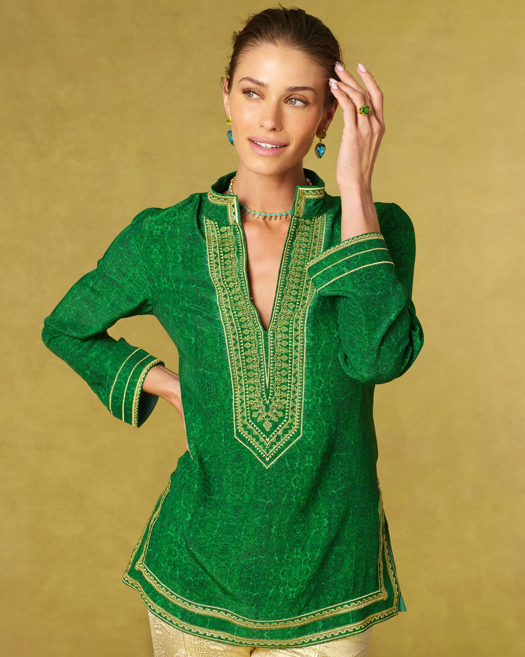 Isabelle Tunic in Malachite Burl and Gold Embroidery