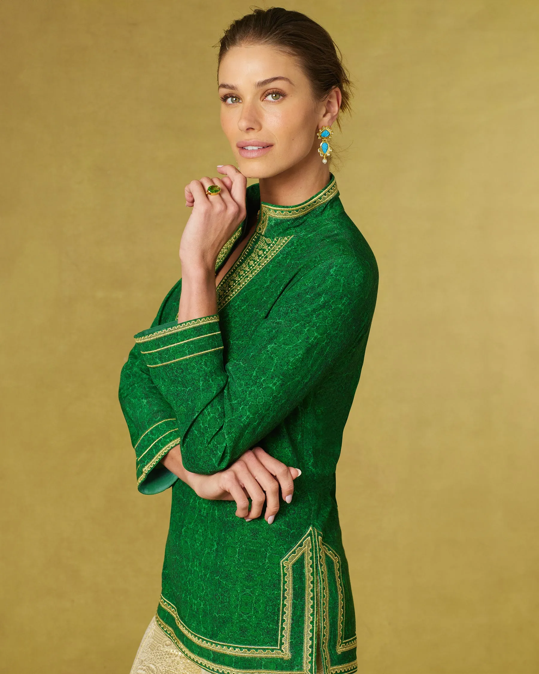 Isabelle Tunic in Malachite Burl and Gold Embroidery