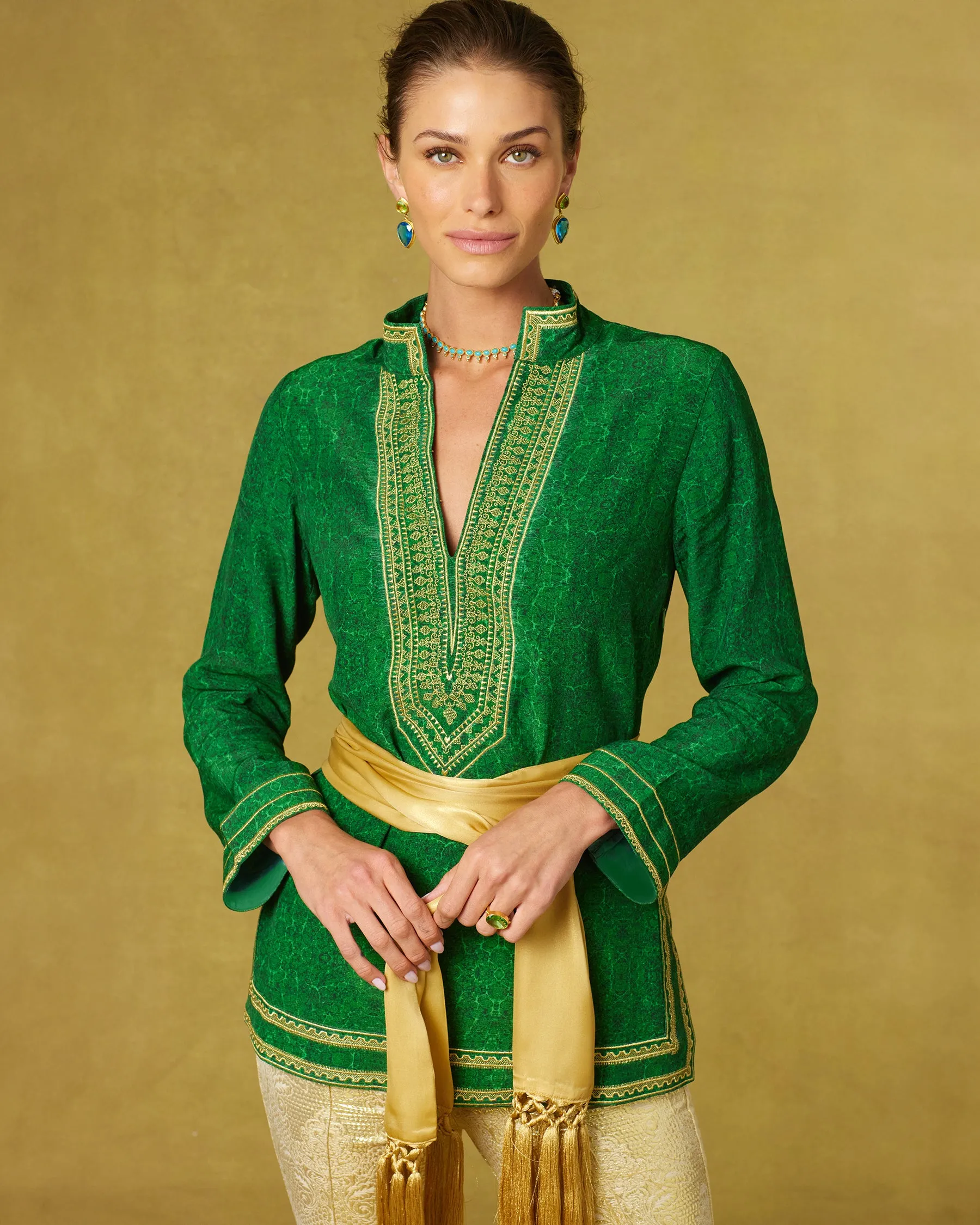 Isabelle Tunic in Malachite Burl and Gold Embroidery