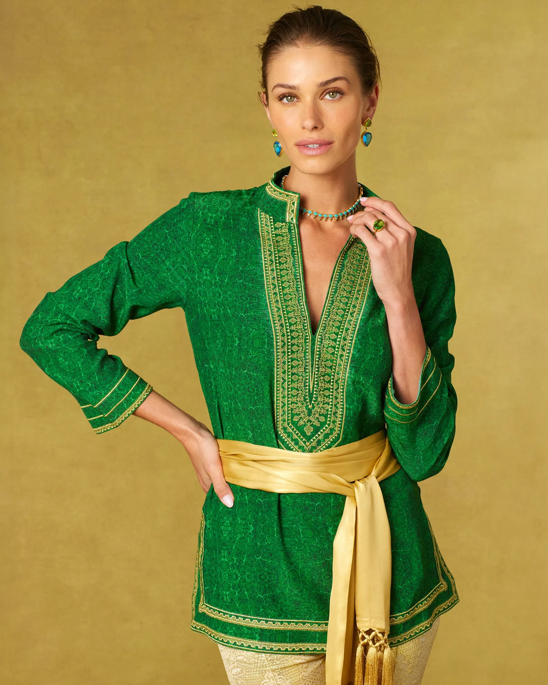 Isabelle Tunic in Malachite Burl and Gold Embroidery