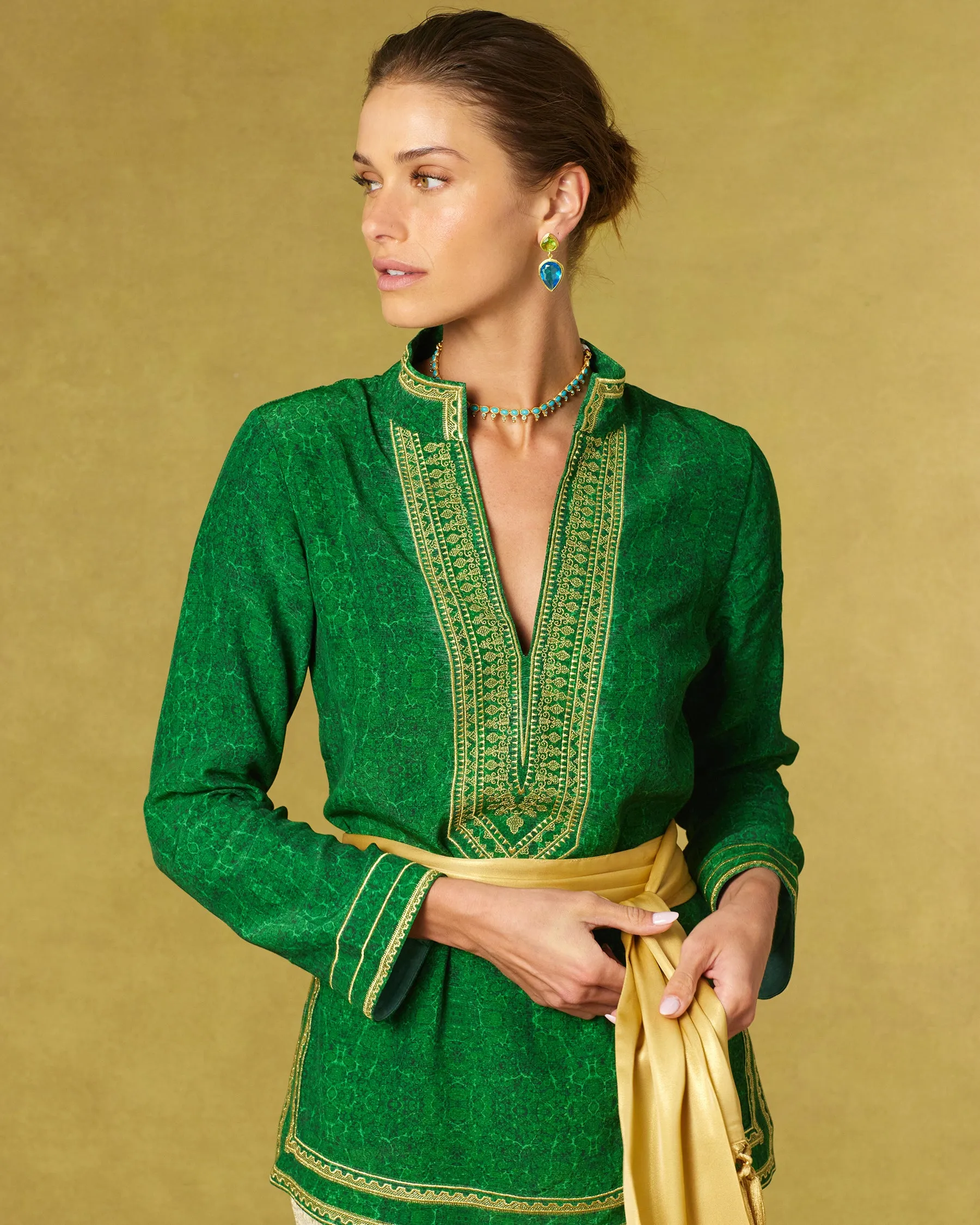 Isabelle Tunic in Malachite Burl and Gold Embroidery