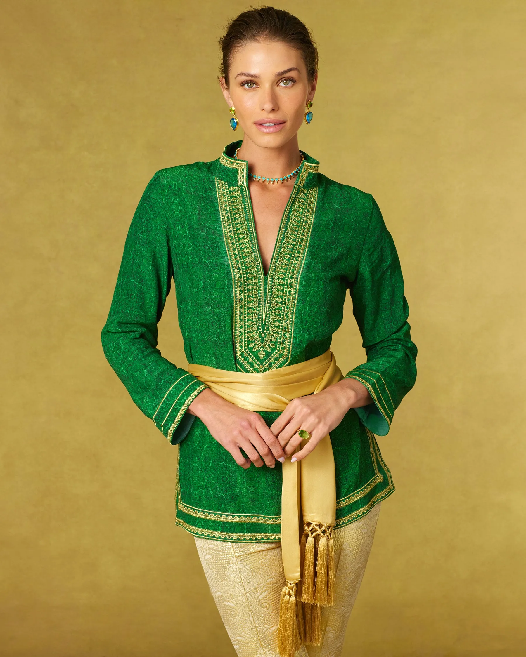 Isabelle Tunic in Malachite Burl and Gold Embroidery