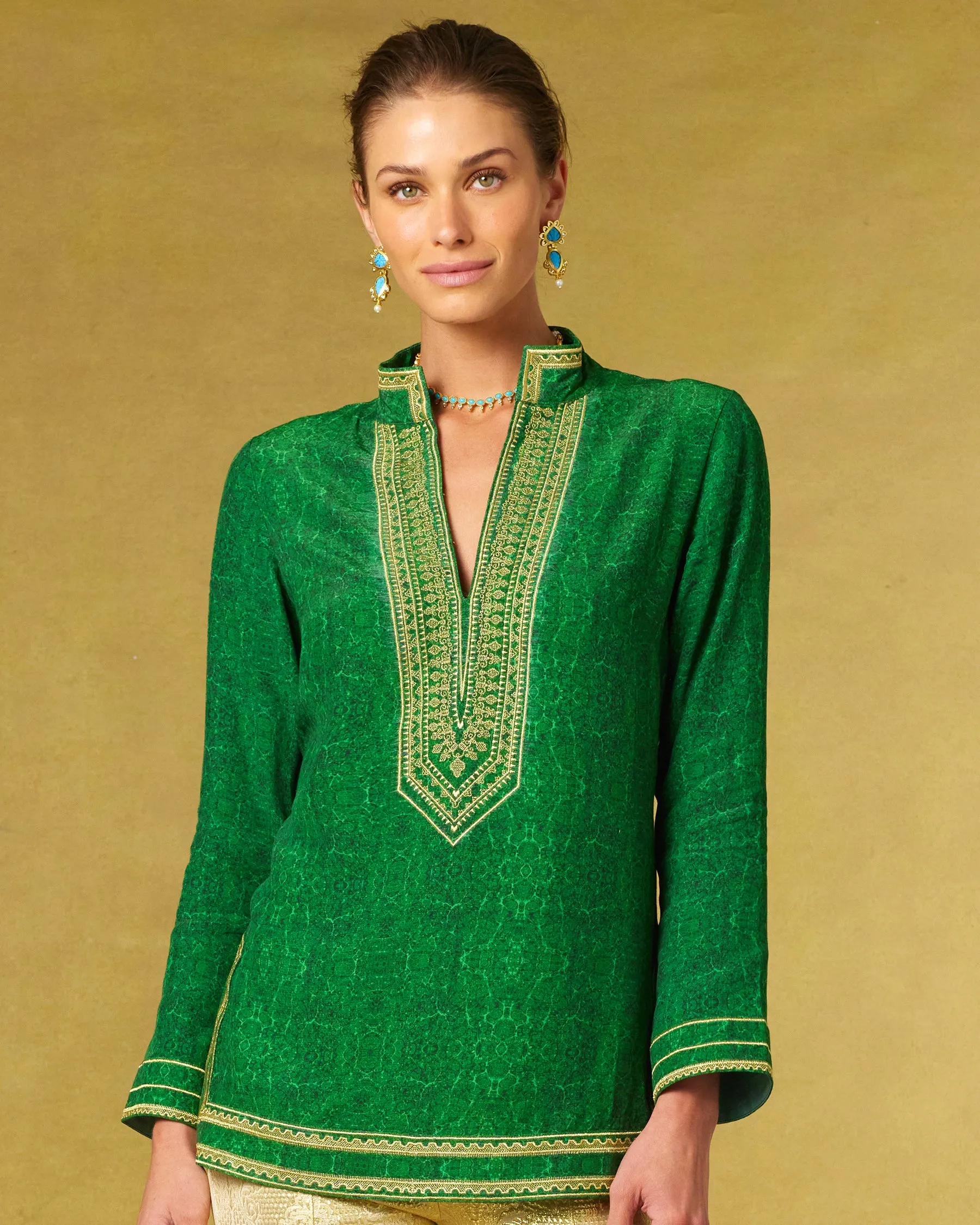 Isabelle Tunic in Malachite Burl and Gold Embroidery