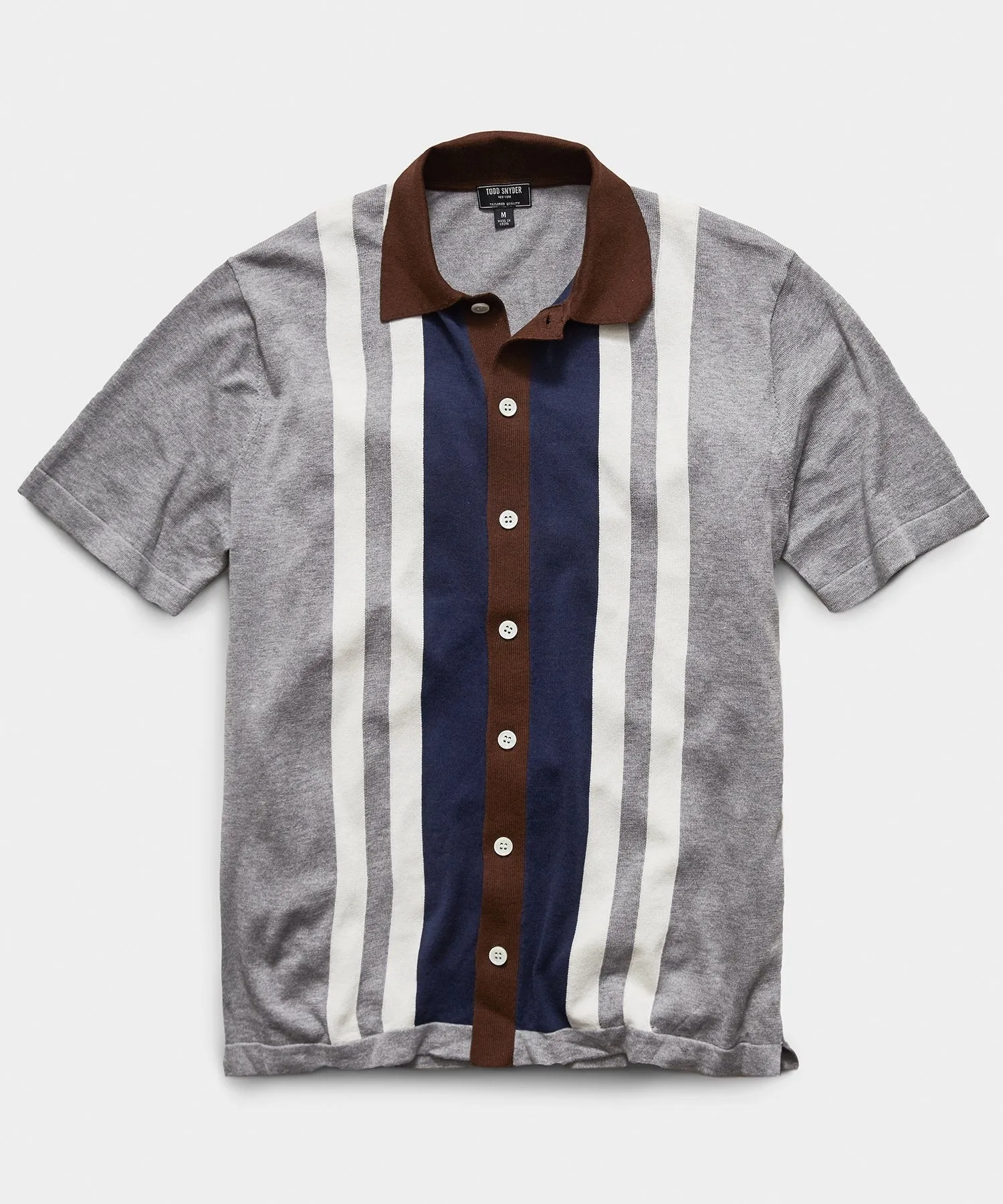 Italian Cotton Silk Striped Button Through Sweater Polo in Grey