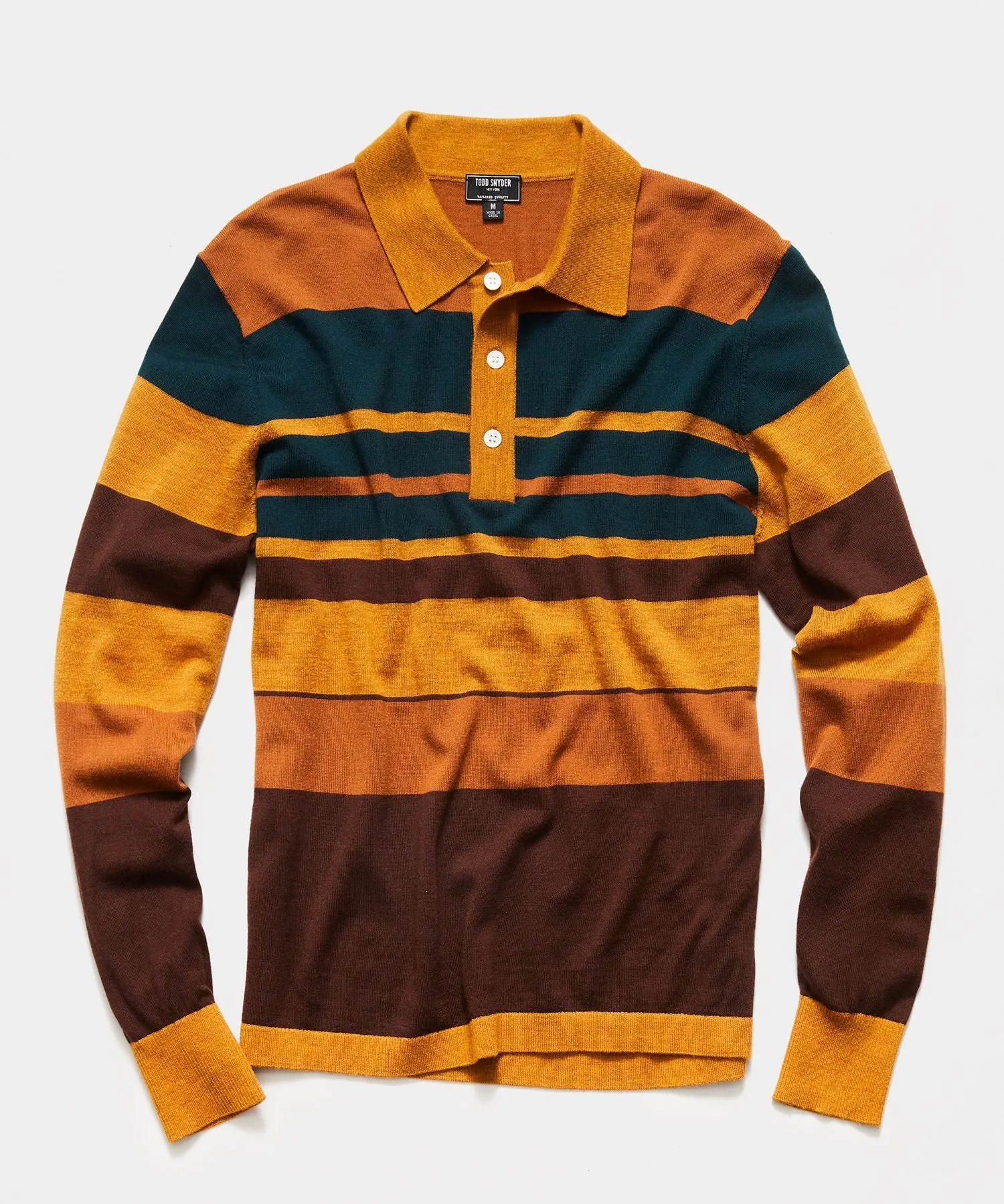 Italian Long Sleeve Merino Stripe Polo in Mustard