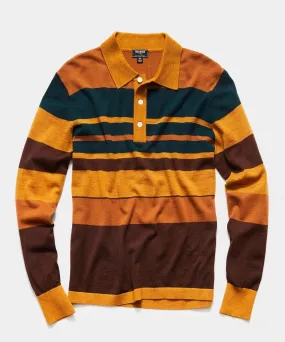 Italian Long Sleeve Merino Stripe Polo in Mustard