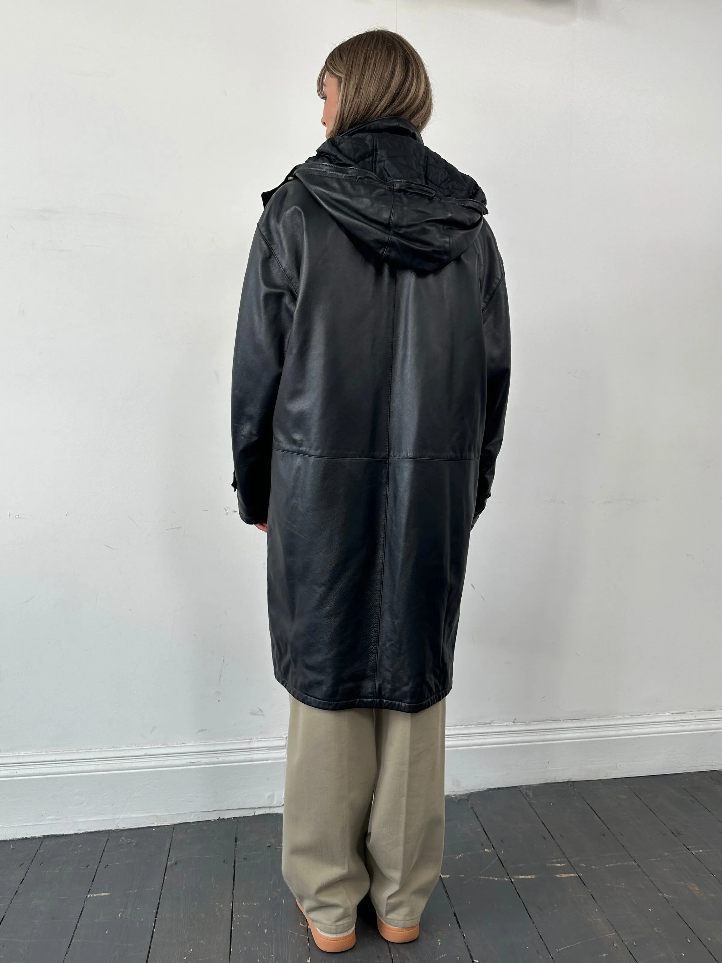 Italian Vintage Leather Hooded Trench Coat - XL/XXL