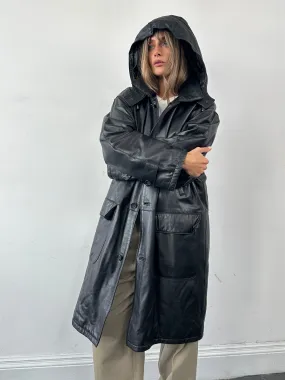 Italian Vintage Leather Hooded Trench Coat - XL/XXL