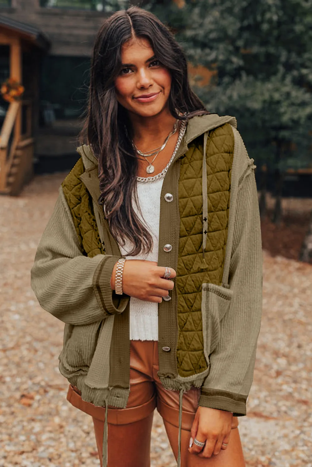 Jungle Green Quilted Textured Patchwork Hooded Jacket