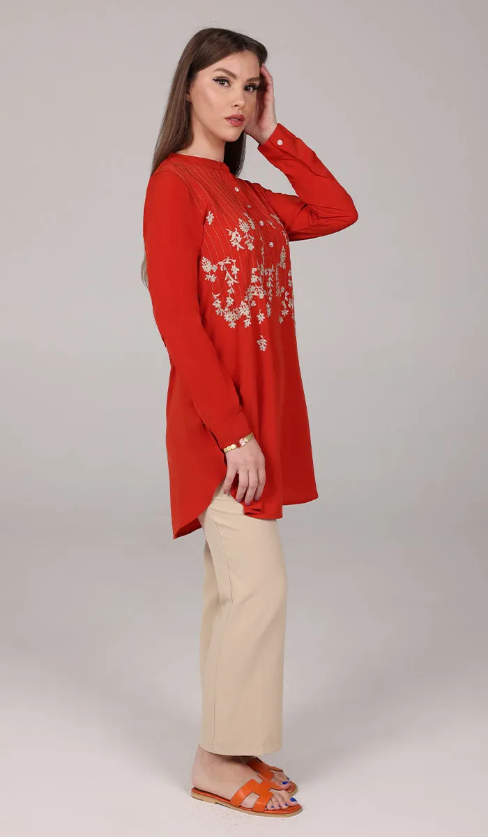 Kamila Gold Embroidered Long Modest Tunic - Russett