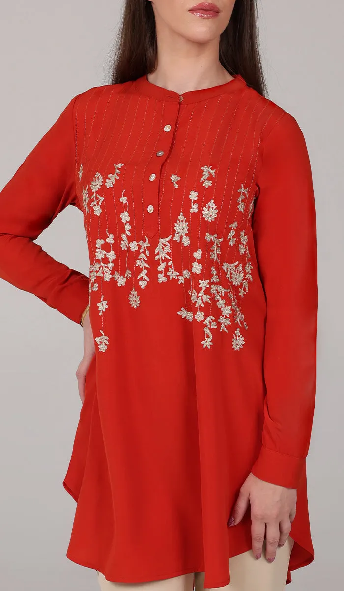 Kamila Gold Embroidered Long Modest Tunic - Russett