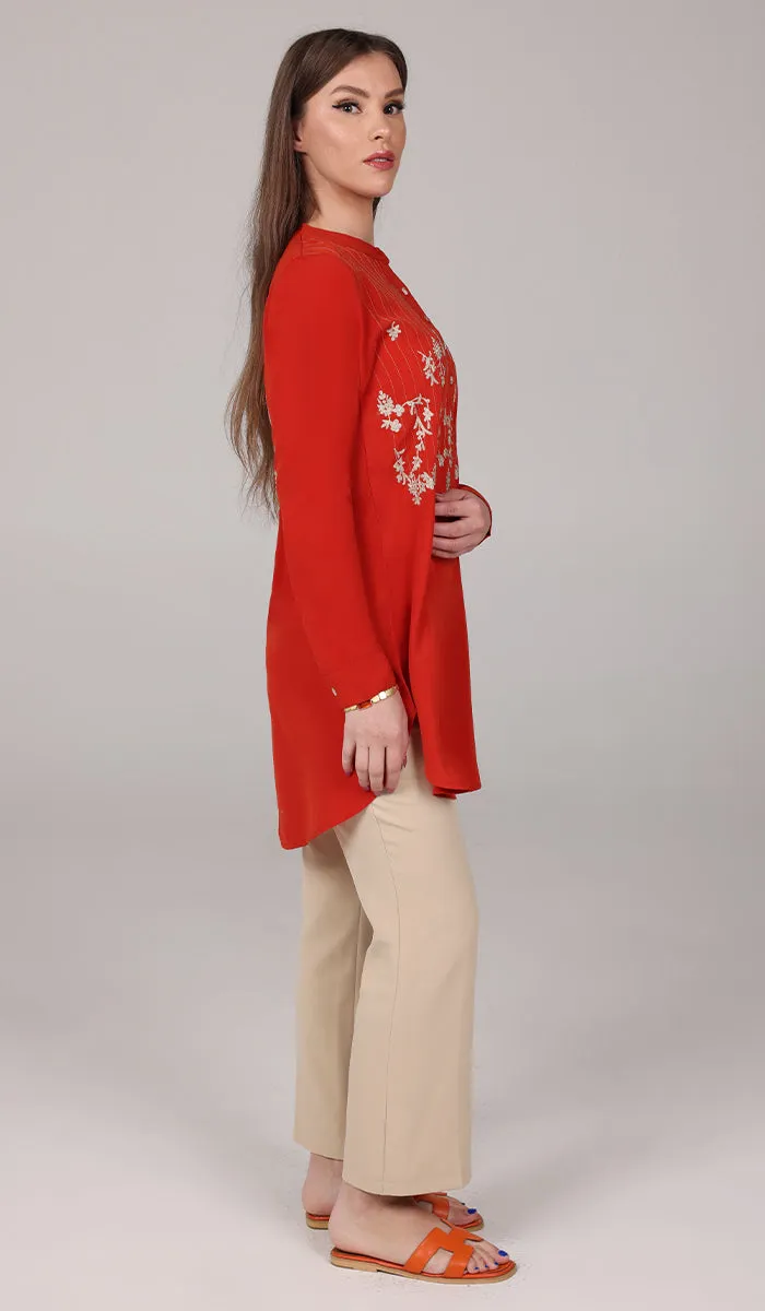 Kamila Gold Embroidered Long Modest Tunic - Russett