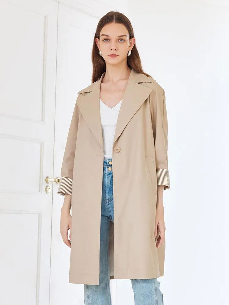 Khaki Striped Trench Coat With Belt