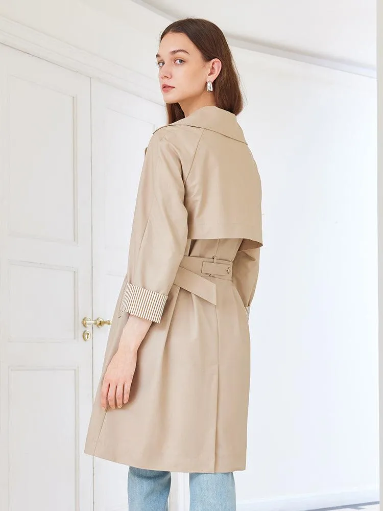 Khaki Striped Trench Coat With Belt