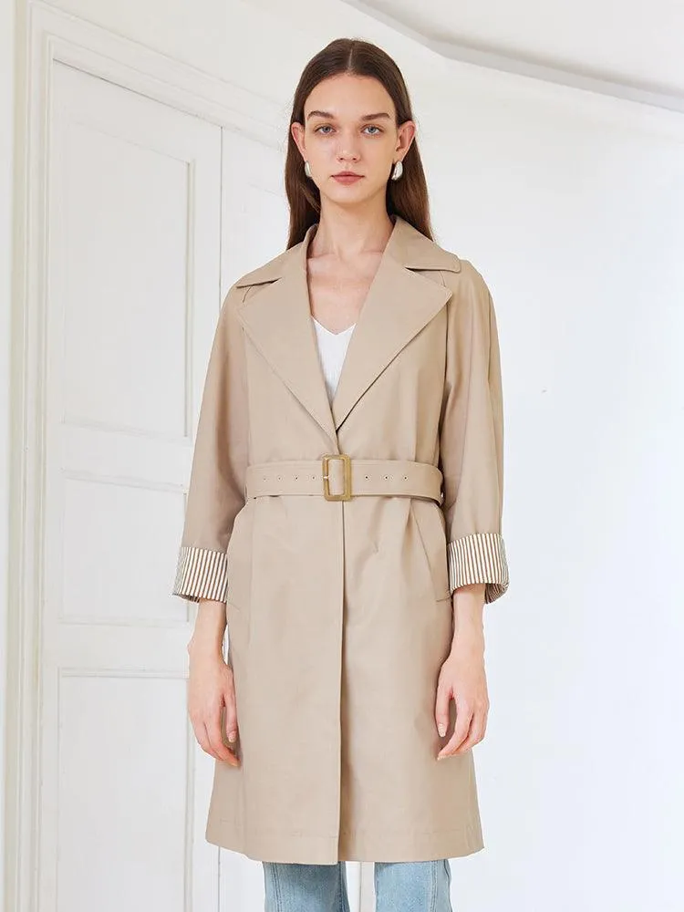 Khaki Striped Trench Coat With Belt