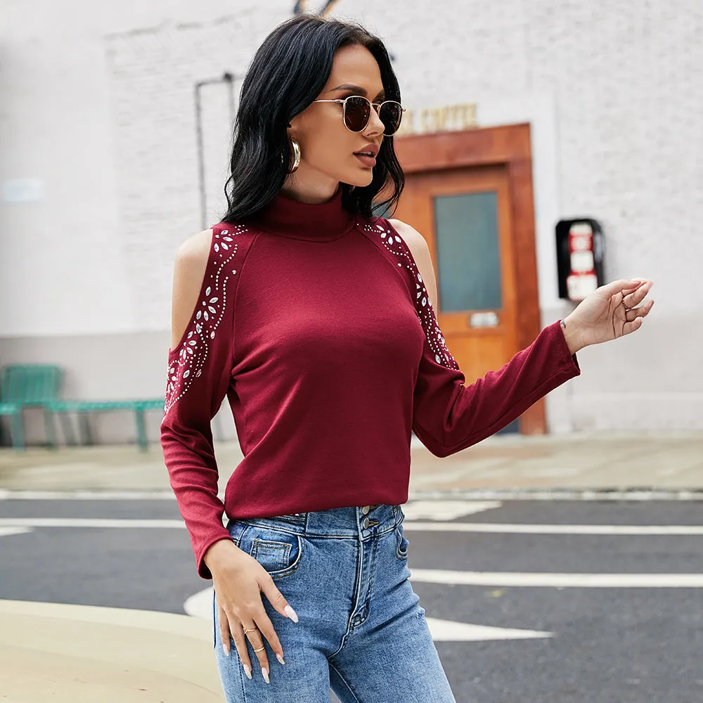 KittenAlarm - Women's Fashion Small Turtleneck Sexy Solid Color Rhinestone Beaded Off Shoulder Base Shirt Top Tee