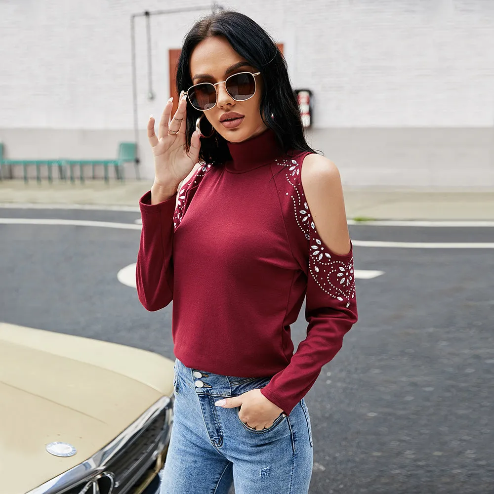 KittenAlarm - Women's Fashion Small Turtleneck Sexy Solid Color Rhinestone Beaded Off Shoulder Base Shirt Top Tee