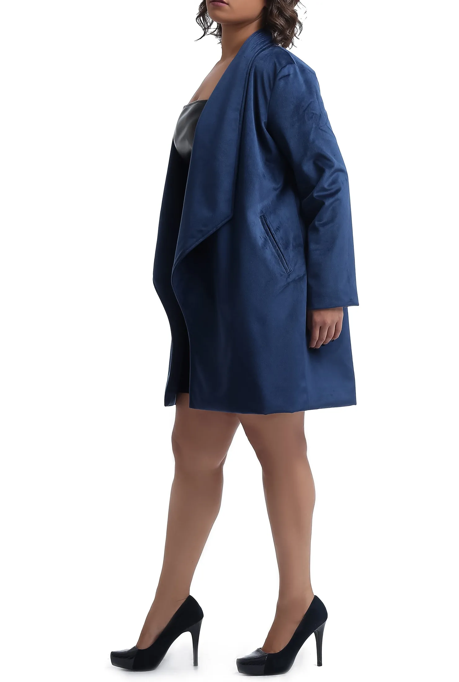 Knee Length Suede Trench Coat - Dark Blue