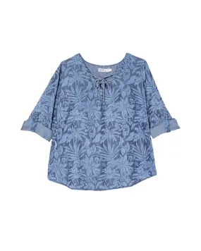 Lainey 3/4 Sleeve Lace Up Neck Woven Printed Blouse | Royal Blue