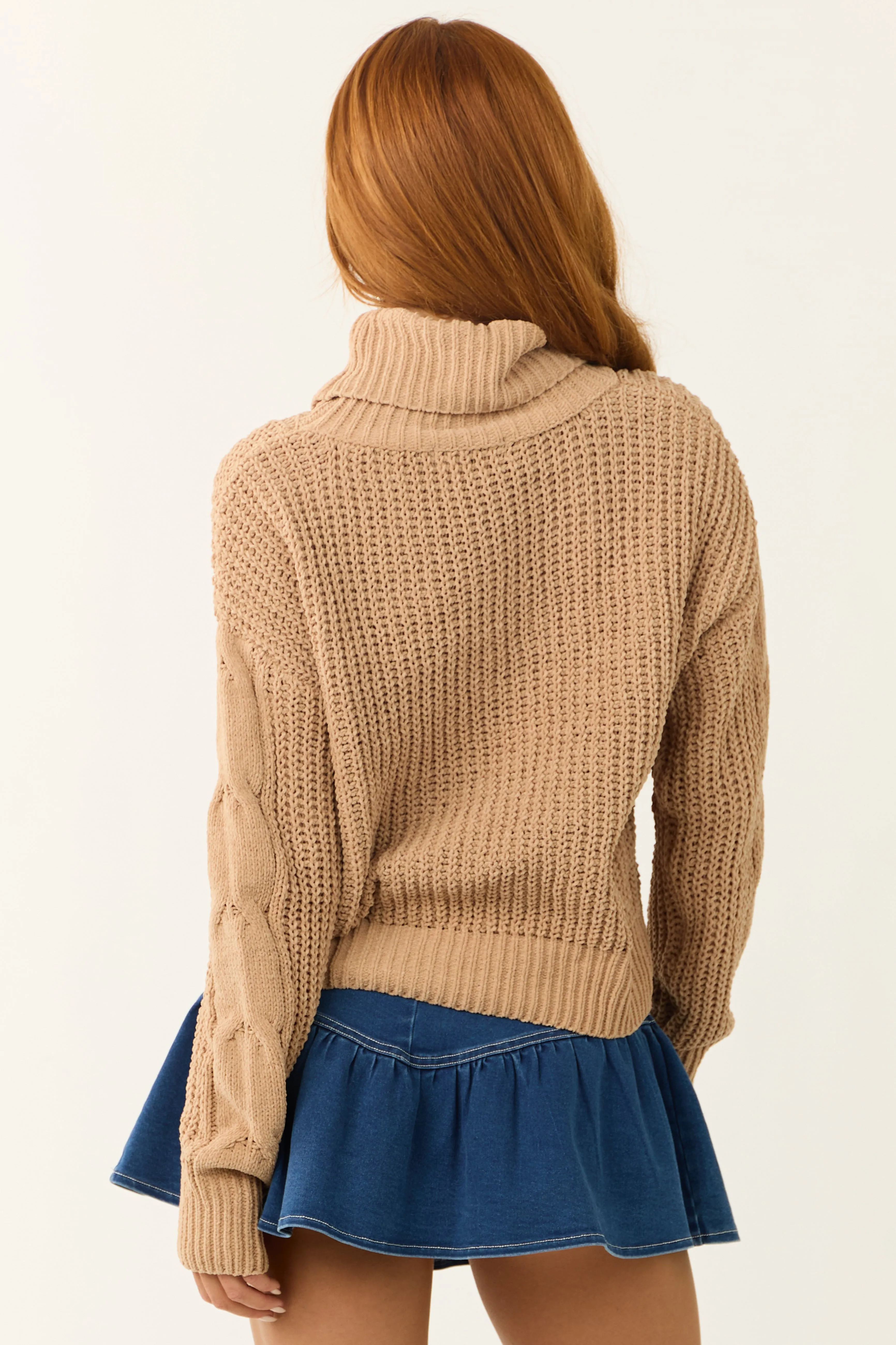 Latte Turtleneck Cable Knit Chenille Sweater