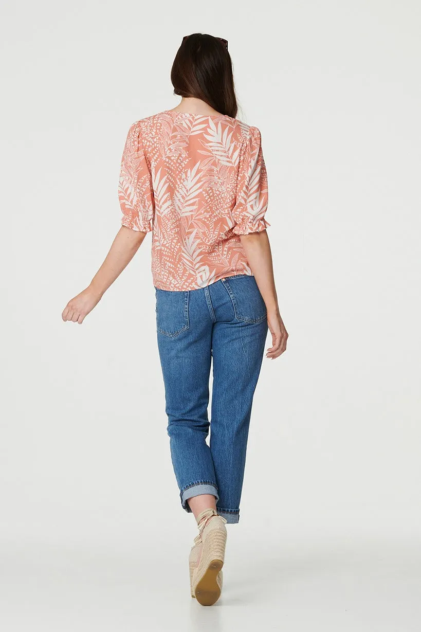 Leaf Print Puff 1/2 Sleeve Blouse