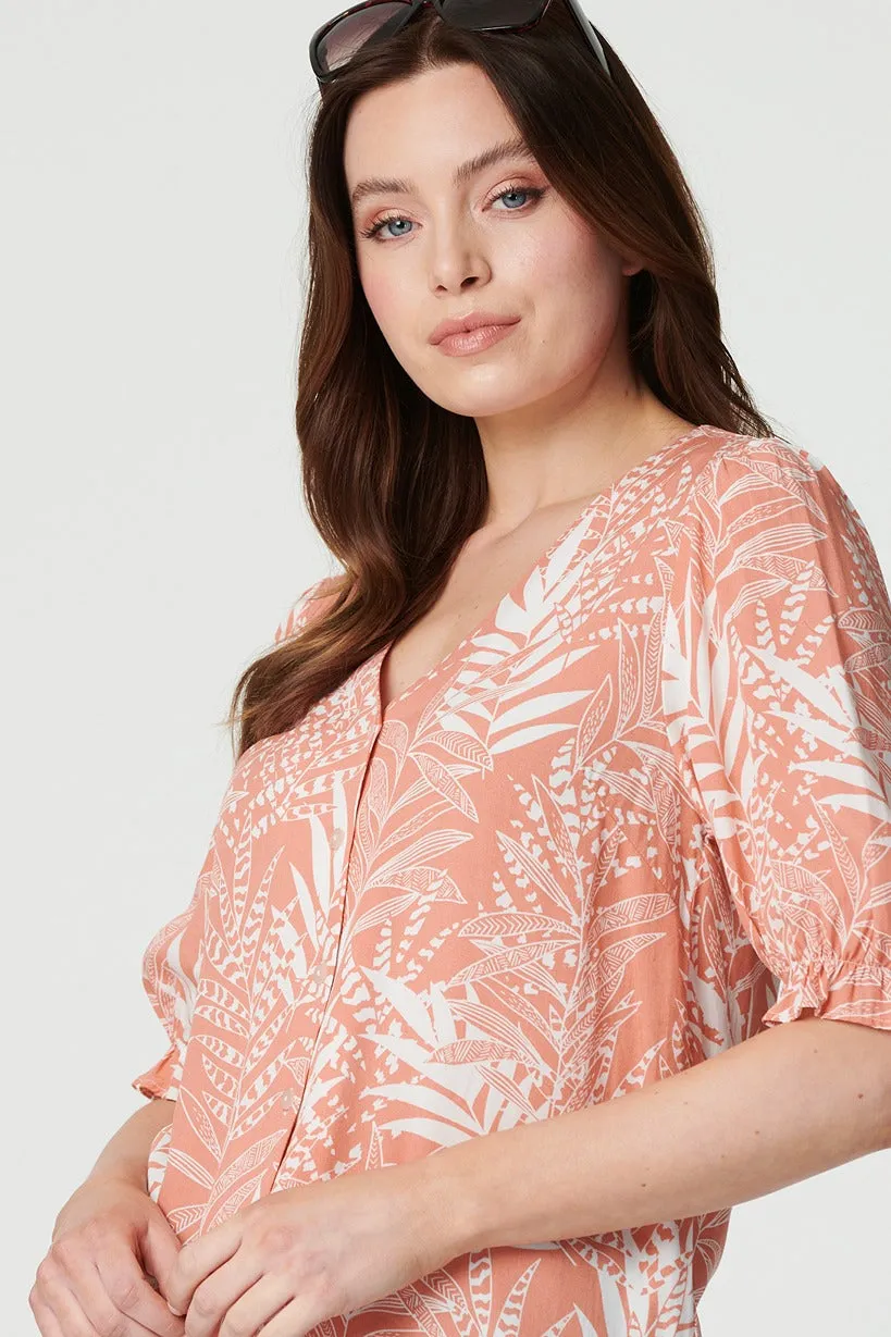 Leaf Print Puff 1/2 Sleeve Blouse