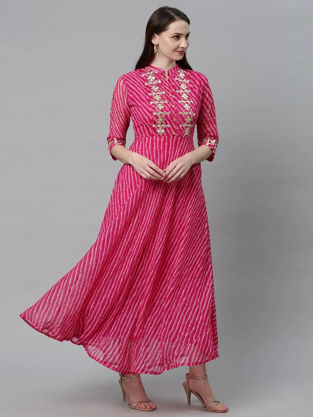 Leheriya Printed & Embroidered Flared Maxi Dress - Hot Pink