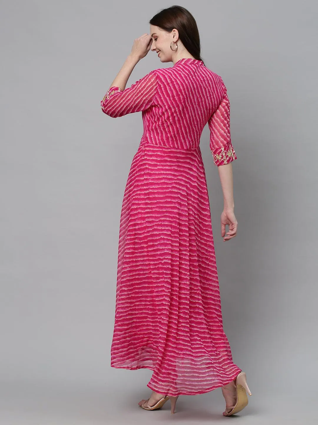 Leheriya Printed & Embroidered Flared Maxi Dress - Hot Pink