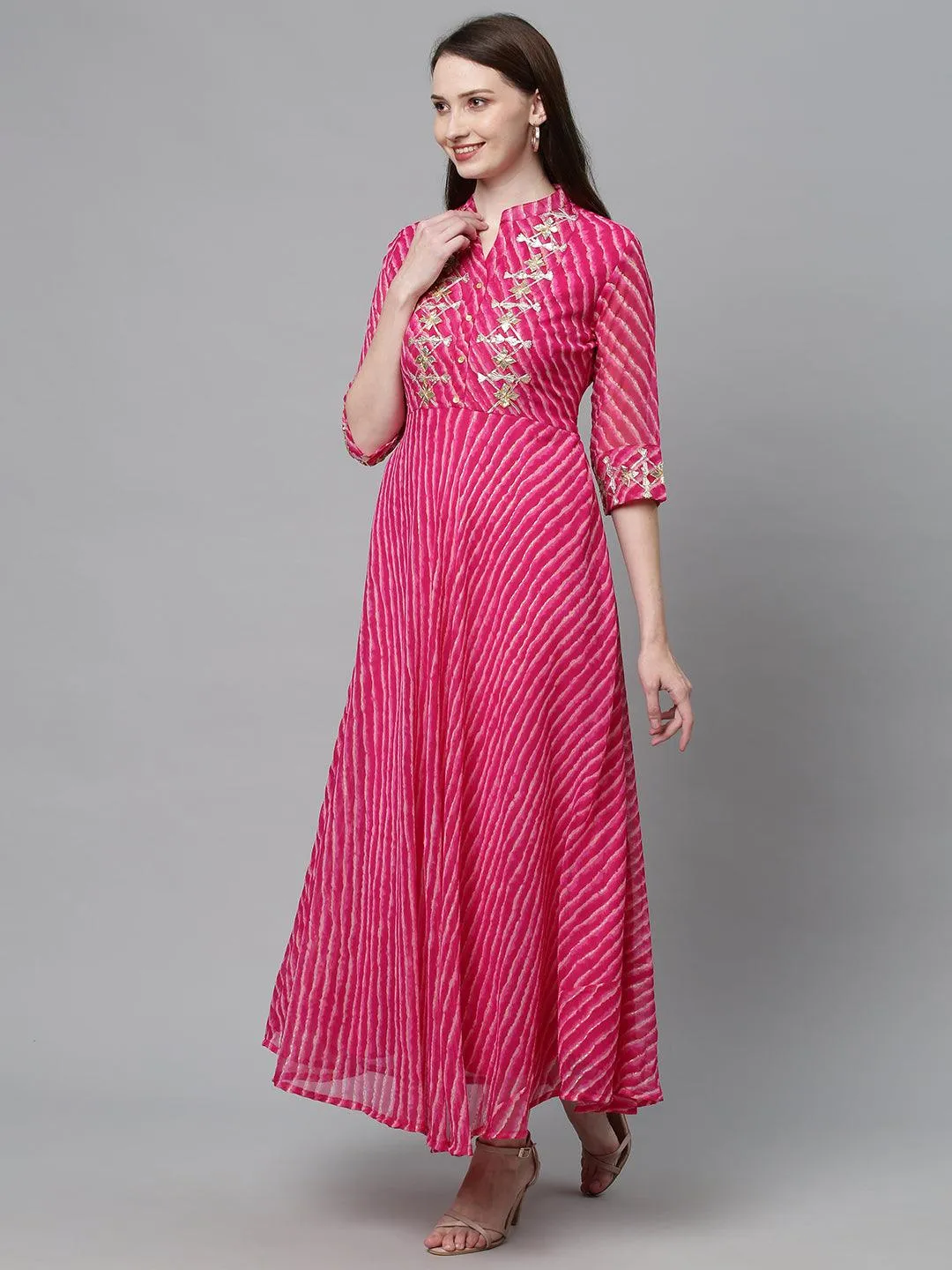 Leheriya Printed & Embroidered Flared Maxi Dress - Hot Pink