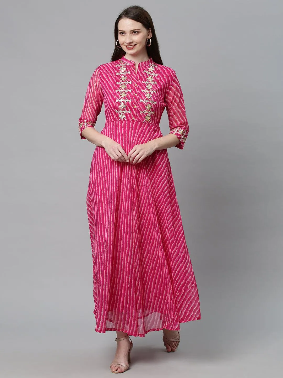 Leheriya Printed & Embroidered Flared Maxi Dress - Hot Pink