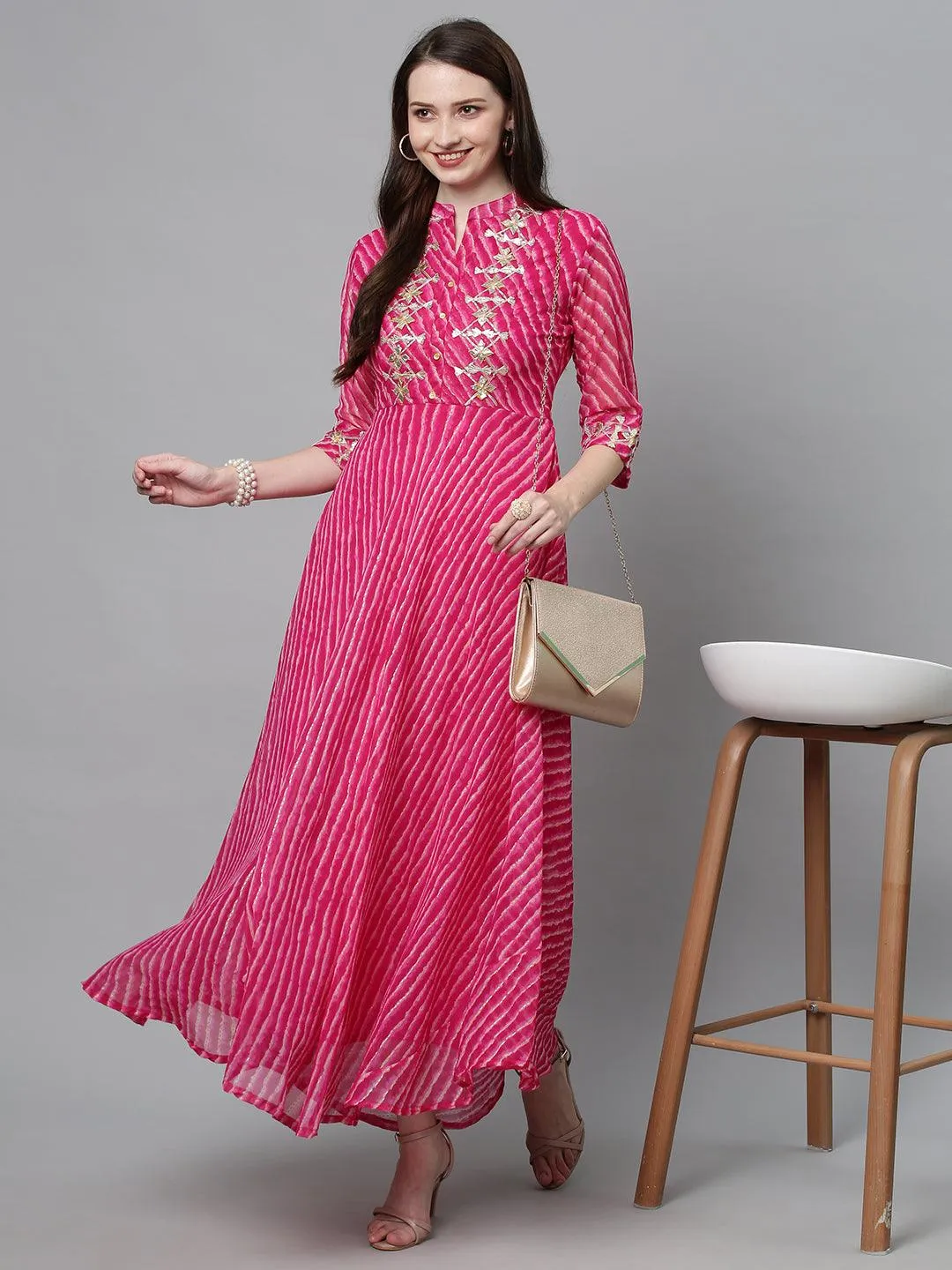 Leheriya Printed & Embroidered Flared Maxi Dress - Hot Pink