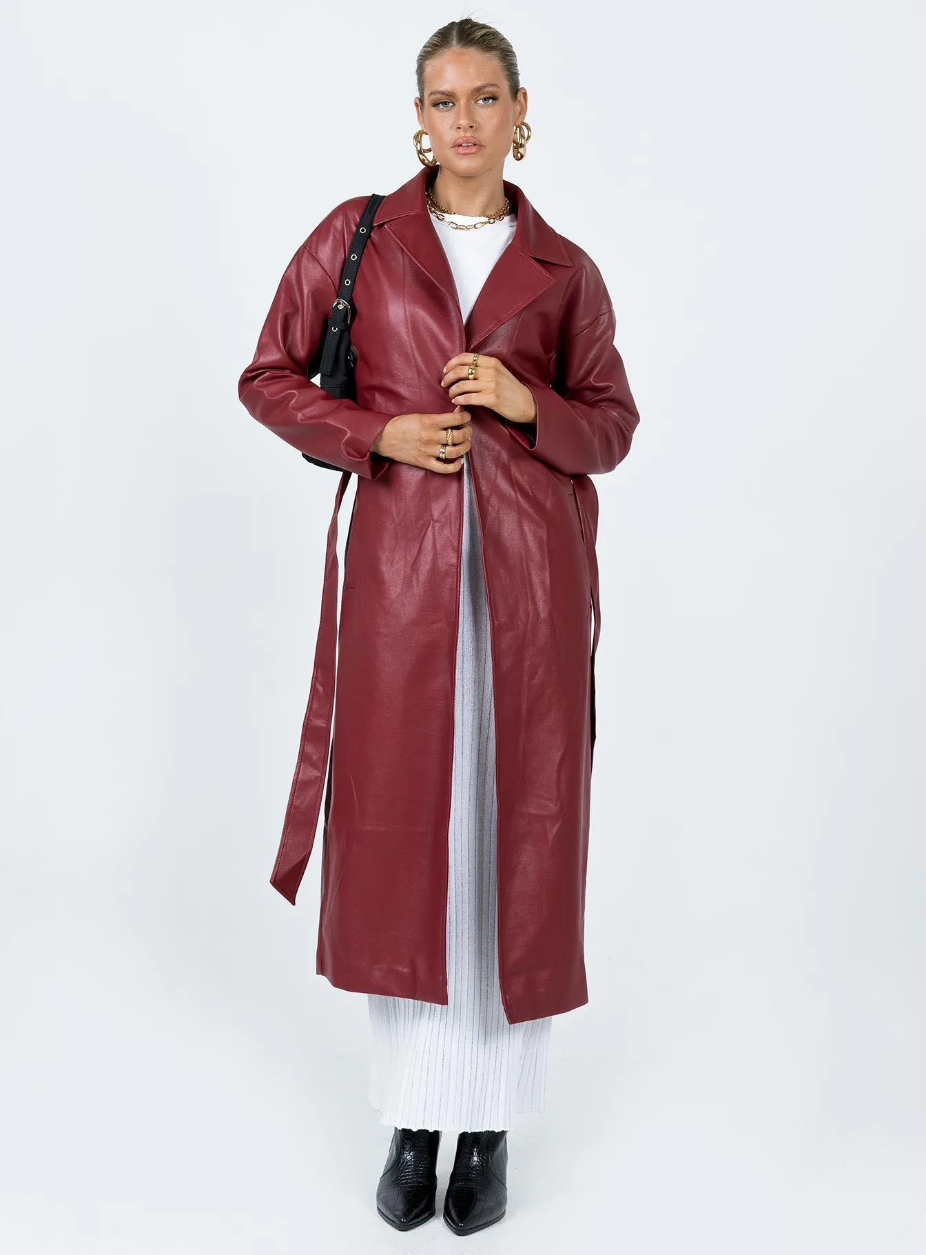 Leif Faux Leather Long Coat Burgundy