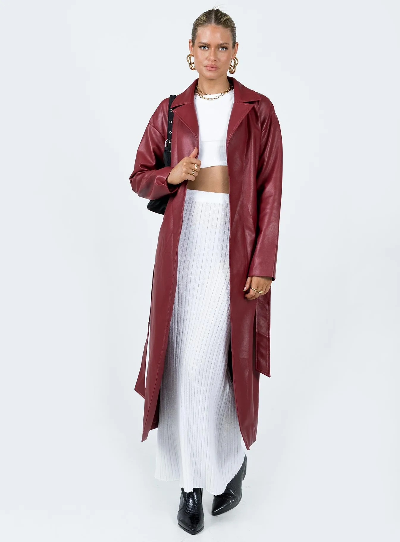 Leif Faux Leather Long Coat Burgundy